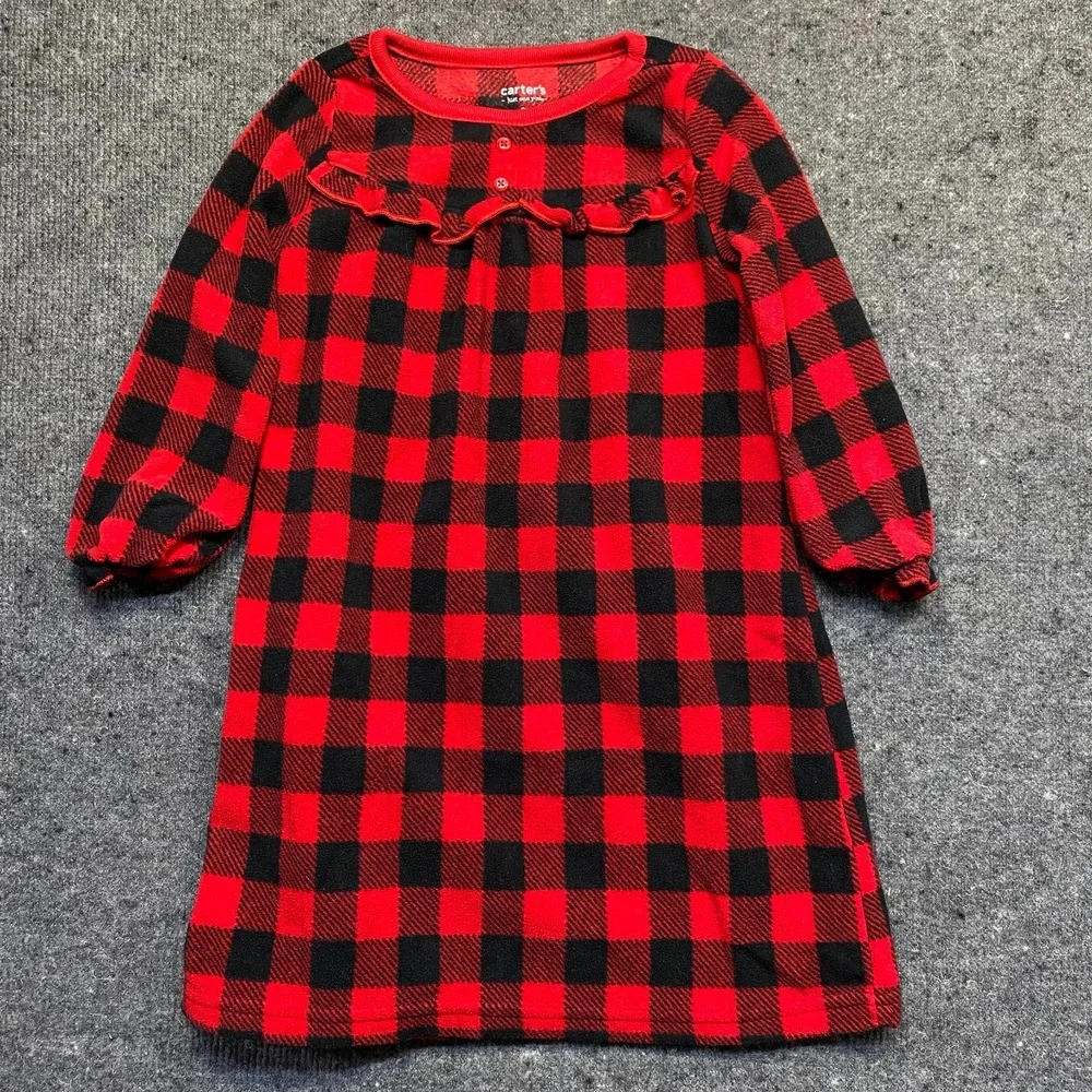 Carters Toddler Girls Red Black Plaid Fleece Holiday Night Gown Pajama 3T